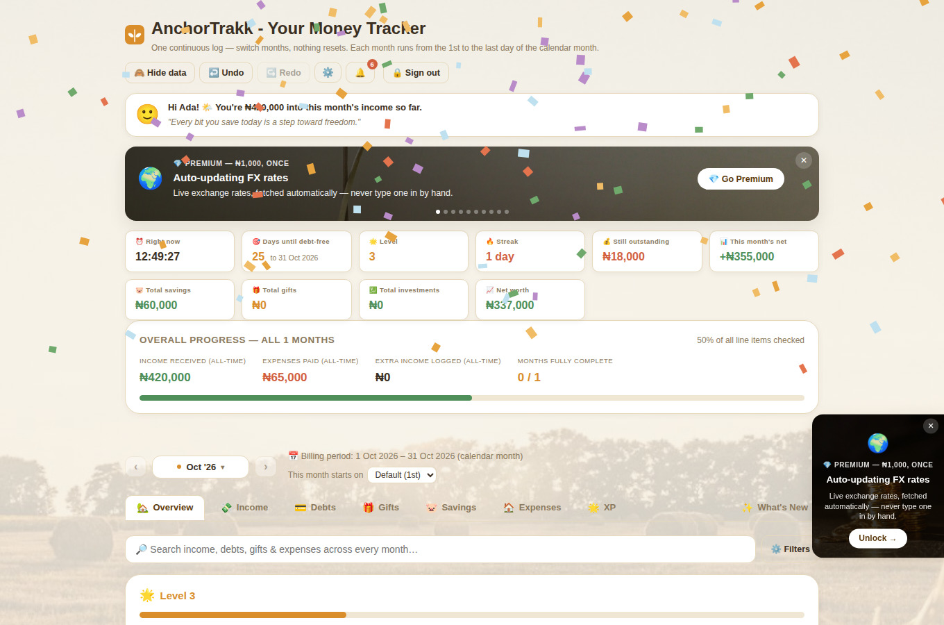 AnchorTrakk's Overview tab, showing income, debts, savings, level and badges for the month
